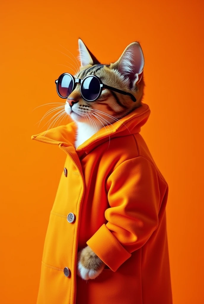best mobile wallpaper, Award-winning wallpapers, Portrait Photography, On the front、Here's a portrait of a cute cat dressed in mid-1960s space age fashion, Side View Shot, Photographed with Canon EOS R5, Set sharp contrast to make your subject stand out, fluorescent orange, Wearing a very fashionable lounge coat and sunglasses、It's a hip 1960s style., All clothing is monochromatic, Beautiful background