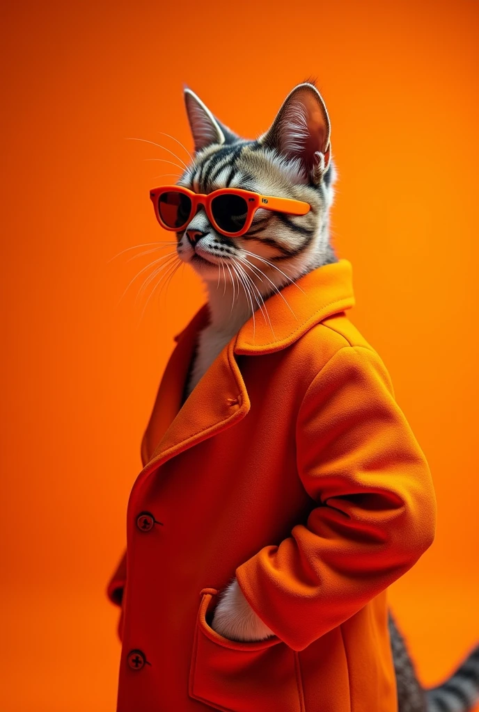 best mobile wallpaper, Award-winning wallpapers, Portrait Photography, On the front、Here&#39;s a portrait of a cute cat dressed in mid-1960s space age fashion, Side View Shot, Photographed with Canon EOS R5, Set sharp contrast to make your subject stand out, fluorescent orange, Wearing a very fashionable lounge coat and sunglasses、It&#39;s a hip 1960s style., All clothing is monochromatic, Beautiful background