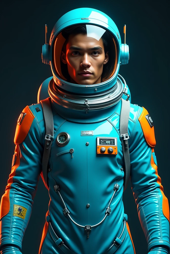 A turquoise blue and orange male astronaut on a dark background