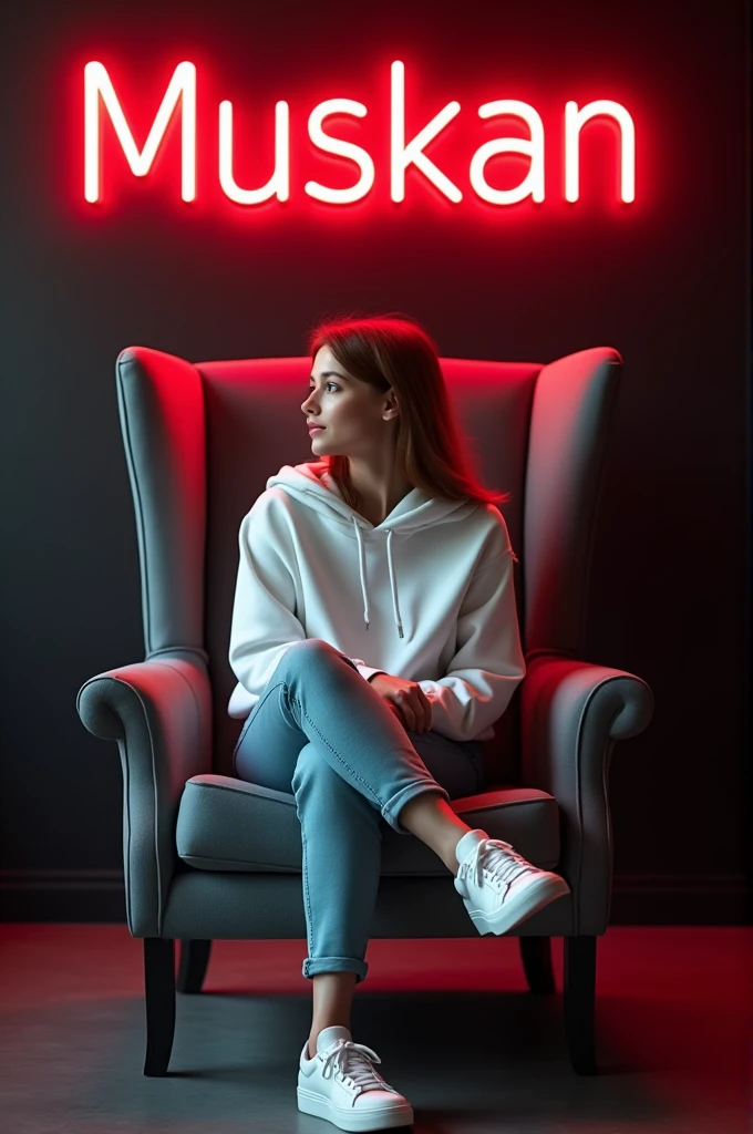 Create a 3D illusion for a profile picture where a 25 Year old girl in a white hoodie Sitting casually on a Wingback Chair. Wearing sneakers,a white, She looks ahead. The background features “Muskan” in big and capital red neon light fonts on the black wall. There should not be his shadow, and there are wings to make it appear as if he is an angel.