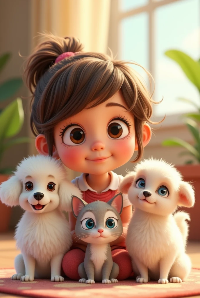 ((First put a girl with brown wavy hair combed to one side, slightly broad forehead and large brown eyes, Medium mouth with the lower lip slightly larger than the upper lip, chubby with slightly pink cheeks and short neck, with a wide texture) (Second, put a white but flat poodle with ears that go from white to very light brown.) (Third, put a light gray cat with white that goes from the eyes like a line and expands throughout the snout., with a pink nose and not so clear green eyes) (Fourth, put a small, short-haired, white Chihuahua with a brown spot around just one eye) (all animated)