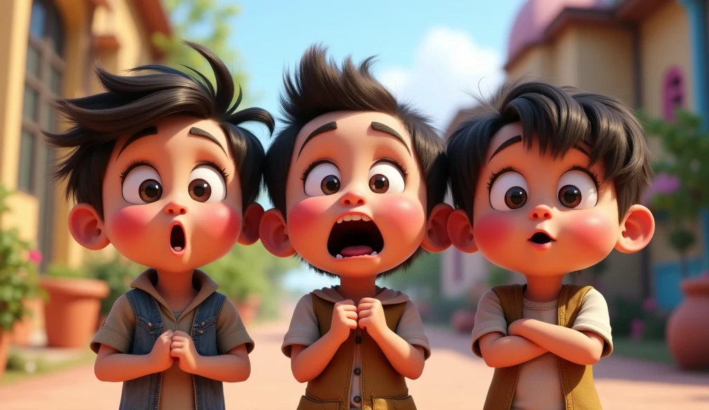 kids facing the camera with a expression surprised, incredulous,
Pixar style