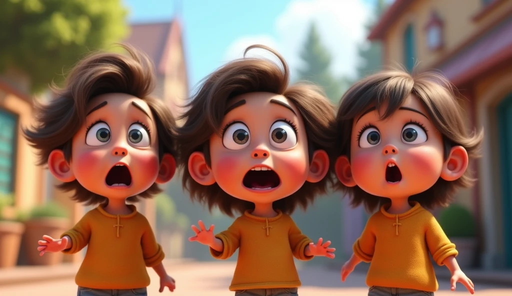 kids facing the camera with a expression surprised, incredulous,
Pixar style