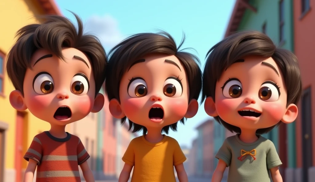 kids facing the camera with a expression surprised, incredulous,
Pixar style