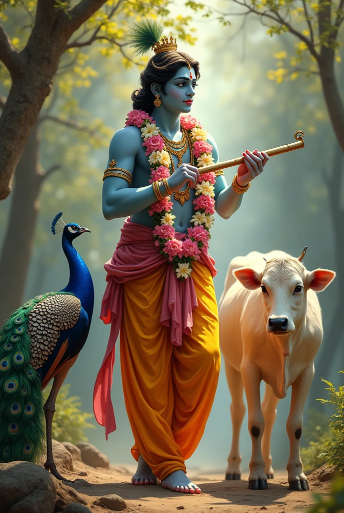 In this serene depiction, Lord Krishna stands gracefully with an adult demeanor, holding a flute in his right hand. He is adorned with a radiant flower garland draped around his neck, enhancing his divine presence. On his right, a gentle cow stands, symbolizing his role as a protector and nurturer of life. To his left, a vibrant peacock, with its resplendent plumage, adds an element of beauty and majesty. The scene captures Krishna's harmonious connection with nature and his exalted status as a revered figure.