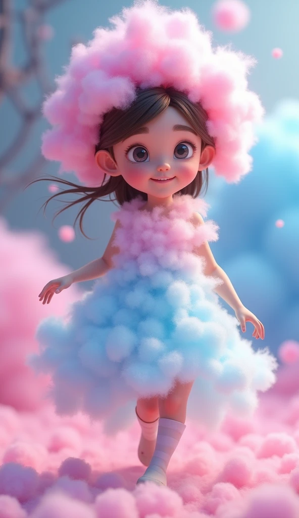 Make me a picture of an animated girl made of cotton candy , pixar, 3d render, 3d max, blender