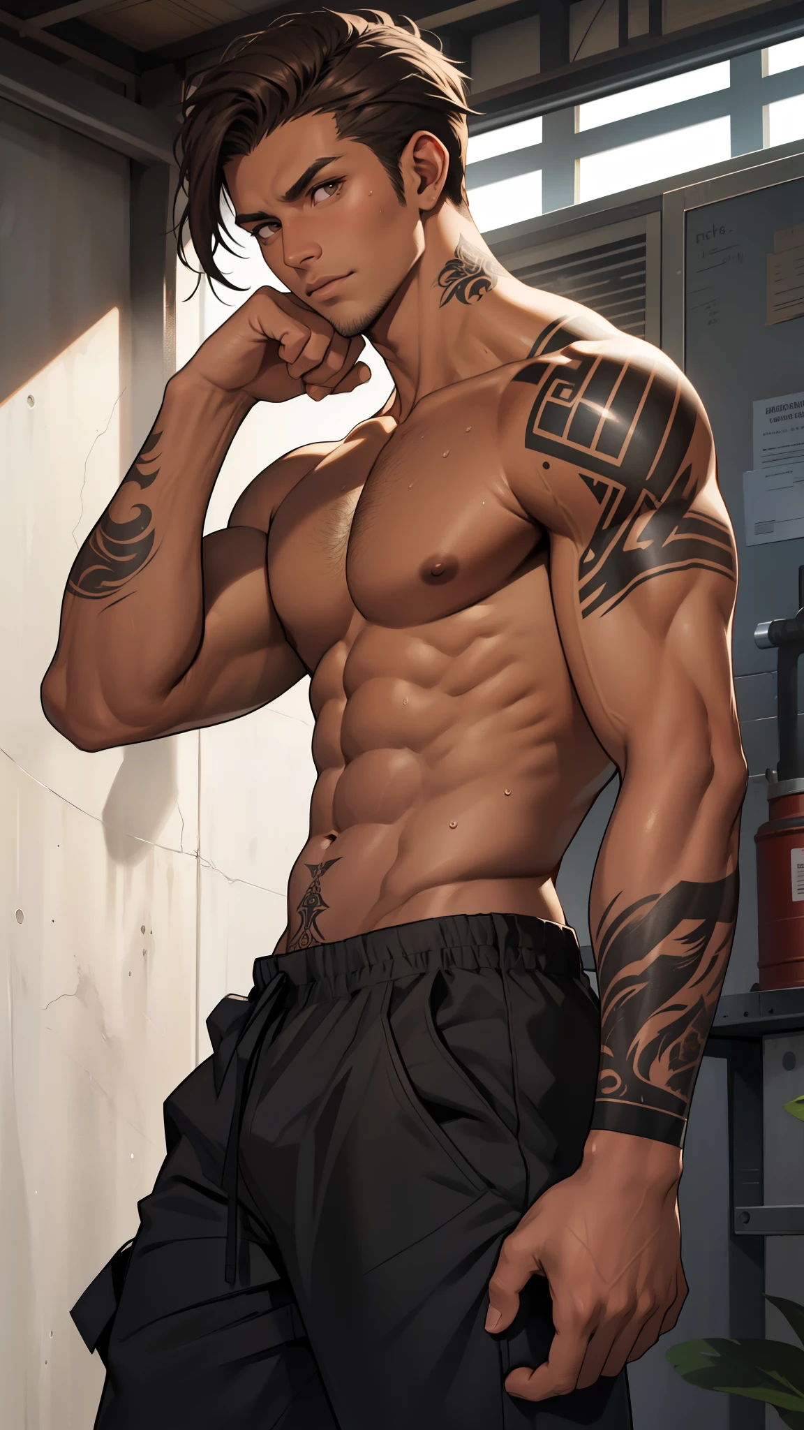 high, With a tanned complexion, short dark brown hair, Piercing brown eyes and a statuesque physique. Her daring appearance is accentuated by tattoos on her right arm.. Handsome Man Mixed View Viewers Real Light and Shadow 4K Sweaty Brunette Sexy Man In Clothes Black Camouflage Pants, shirtless