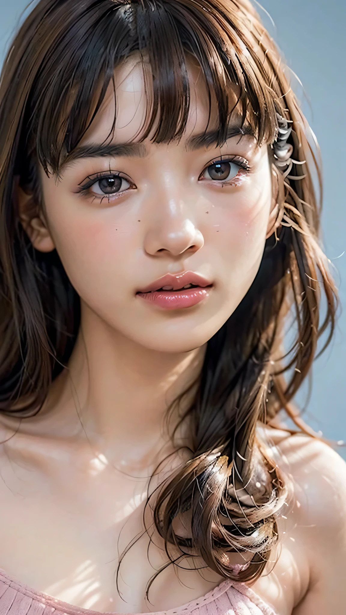 ((NSFW)), (8k, RAW Photos,Highest quality, High resolution:1.1), (Ultra-realistic:1.4),(Realistic, Realistic:1.3), (Simple Background, Dull Blue Background:1.4), full body, (whole body), beautiful girl, ((brown eyes)), (18 year old age girl), light brown hair color, ((big tits)), (complete closed mouth), lips, realistic, (slim face), ((skinny)), charming, pink lipstick, colorful makeup, long eyelashes, wearing eyeliner, fair skin, (cute), (detailed face), detailed eyes, detailed iris, complete naked,