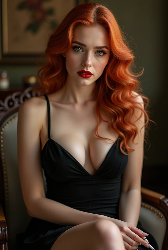 ultra realistic, photography, long red hair, girl, 24 years old, hourglass figure, perfect body, natural medium breasts, Flirty look, extremely detailed artgerm, in the style artgerm, facing the camera, lens 35 mm, blur background, masterpiece, super detailed, detailed face, beautiful eyes, detailed eyeshadow, lip details, red lipstick, full body, wavy hair, Wearing a black sheath dress, turtleneck, revealing legs, sexy legs, great cleavage, she is a femme fatale, sitting on a chair, her legs crossed, smoking a cigarette