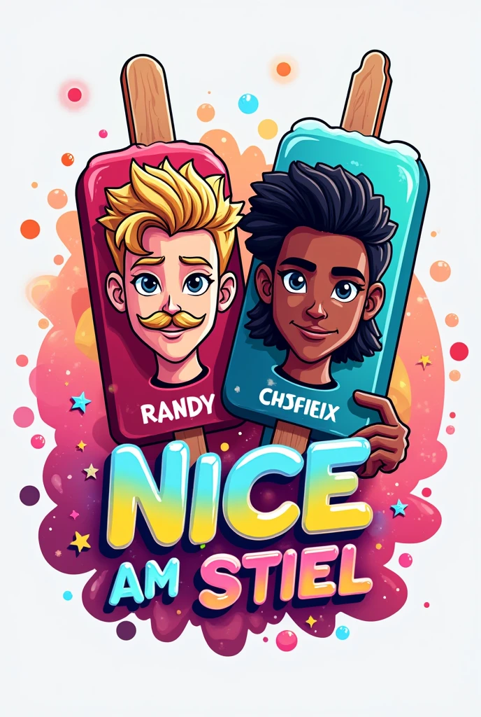 I need a significant logo for a YouTube channel which contains topics like movies, action figures, cosplays, video games and pop culture. the name of channel is NICE AM STIEL which is a german pun for a popsicle which means EIS AM STIEL in german. please visualize a proper logo with the likeness of a popsicle and everything I mentioned in the description. Be sure that the logo looks like two 80's characters like the main protagonists from MIAMI VICE - made them out of popsicle, one Male has a mustache, a Mullet and a light skin tone and the other Male has slightly longer black hair and a brown skin tone but most importantly the Logo as to feature the name NICE AM STIEL put the Names "Randy Paradise & Corey Walkman" above that characters be sure that the characters ar two males and DO NOT miss out the popsicle theme