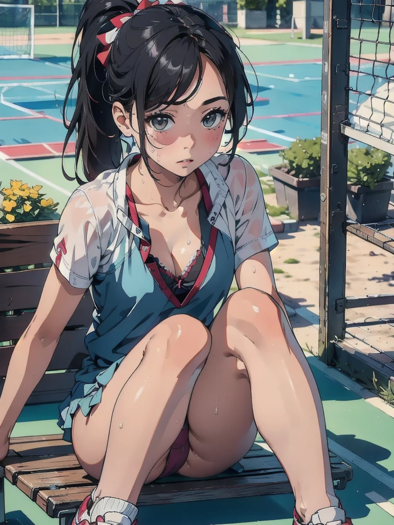 (8k, RAW Photos, Highest quality, masterpiece: 1.2), (Realistic: 1.3)、(solo:1.4) 、Detailed Texture、Incredibly cute face, Soft Face, cute tennis wear, A woman in cute lingerie poses for a photo、Sweat、、Sitting on a bench、ponytail、