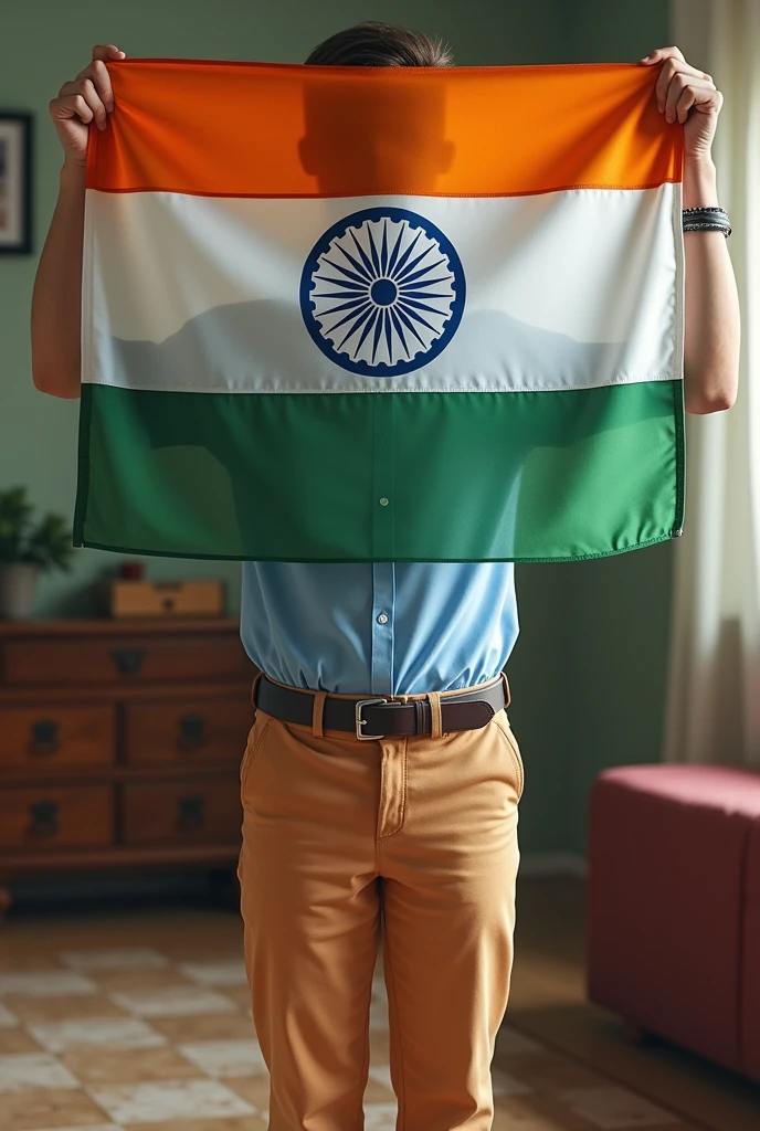 Photorealism student wearing light blue coloured uniform and mustard colour pant holding the Indian flag covering his whole face the whole face should be covered the school shirt should be light blue and the school pant should be dark peach . The boy should be fit and the background should be of an Indian home