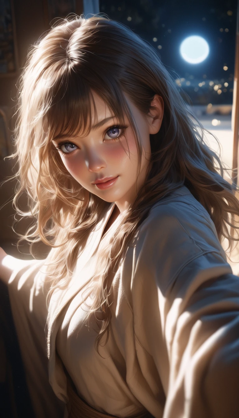 Beautiful girl in a vibrant kimono confessing her love under the light of a big full moon, Her face was red with nervousness and embarrassment., look up with big eyes, Captivating eyes, Dramatic Shadows and backlighting, (Highest quality,4K,8k,High resolution,masterpiece:1.2),Very detailed,(Realistic,photoRealistic,photo-Realistic:1.37),Dramatic lighting,Stunning eye for detail,Very detailed顔,Perfect Skin,Long eyelashes,Detailed lips,Soft lighting,Cinematic,romantic,Emotional,Sparkling colors,Shining Moon,Dark Night,Reverse backlight,Exposure of deficiencies,Indecipherable expression,Moonlight Aesthetics,Dramatic Shadows,Look directly at the viewer,I've always loved you❤️,(Shooting from above:1.37), ずっとあなたのことが好きでした❤️, blush, A smile with meaning, Draw the moon high,