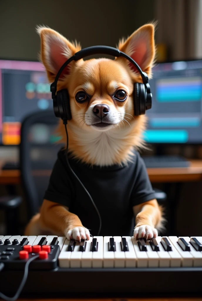 Humanoid orange and black long-coated chihuahua playing a song in front of a professional AKAI 88 MPC MIDI keyboard ,Put on headphones,In a human-like T-shirt ..He is sitting in front of the screen、We know you use Image Line's FL Studio 20 as your preferred DAW.。.,He is an expert in music production and piano playing.....