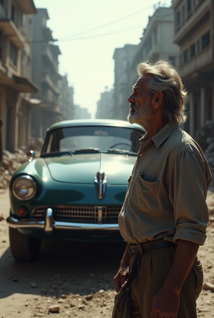The poor man is looking at the car