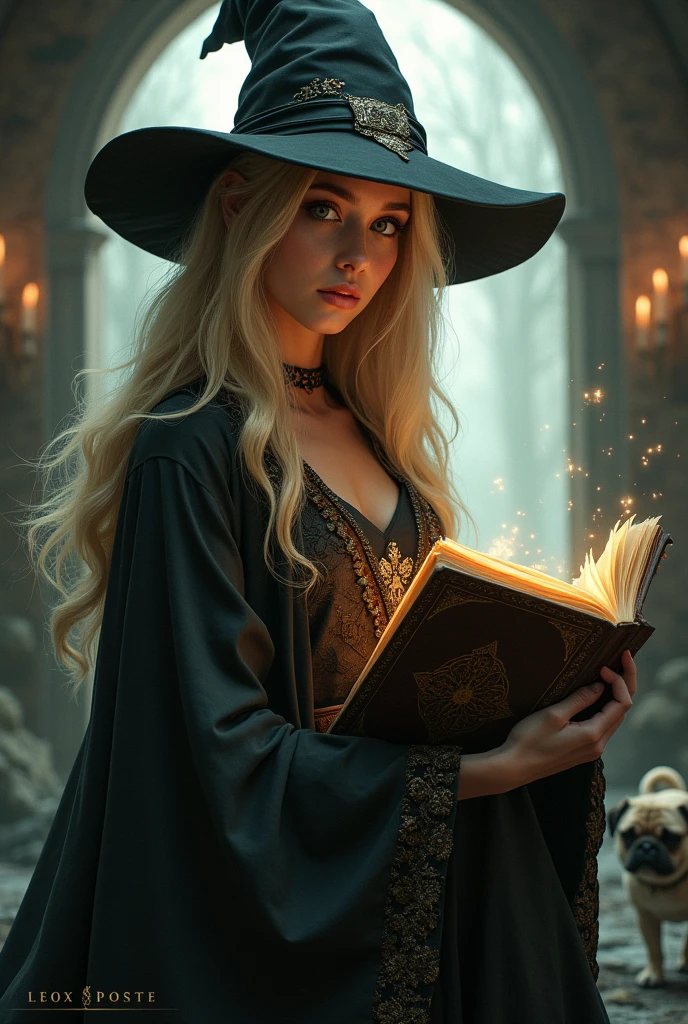 blonde witch , shoulder length straight hair, Brown eyes,
cap, book and a pug