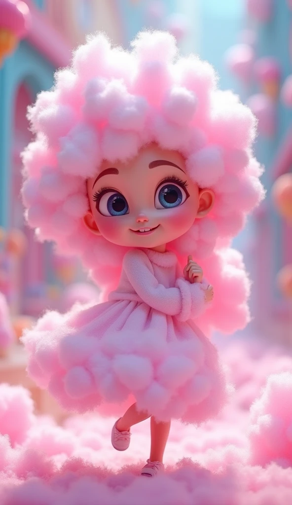 Make me a picture of an animated girl made of cotton candy , pixar, 3d render, 3d max, blender