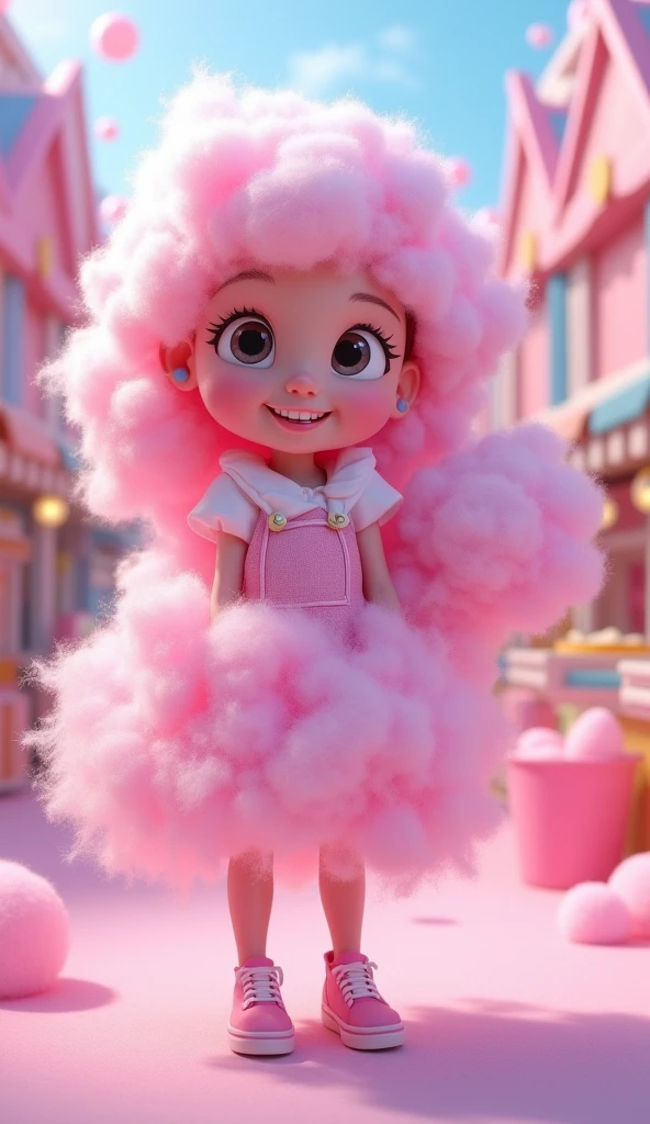 Make me a picture of an animated girl made of cotton candy , pixar, 3d render, 3d max, blender