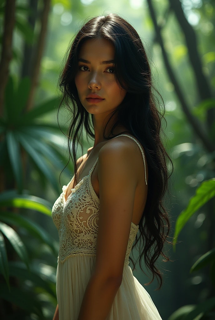 Beautiful girl with deep scene eyes dark black long hairs full slim body in western dress in deep jungle