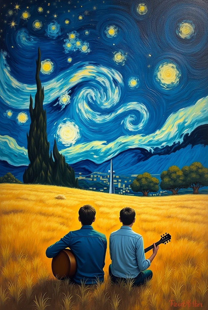 A painting of a man playing the guitar with strokes like Starry night, even the man must be drawn like a landscape., A little man and woman were sitting in the middle of a vast field, playing the guitar and looking up at the stars., abstract, sit and see only the back, back of man in country clothes
