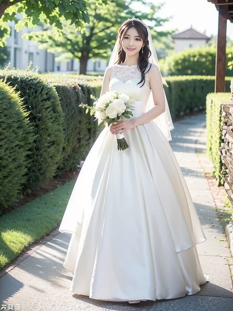 Photo-realistic quality、a woman in a Wedding dress holding a bouquet of flowers、Standing in front of the church、20 year old Japanese model、白のWedding dress,Hanae Mori style wedding dress、Japanese Idol、lace prom dresses、looking at the camera、Cute smile、Handsome、Clean atmosphere、Relaxed and gentle expression、tsnndrinsholding a bouquet, Wedding dress, So magical and dreamy、35ｍｍ Lens aperture F2.Shot at 8、Full body photo、From head to toe、A long, wide wedding dress that covers the feet、Narrow waist