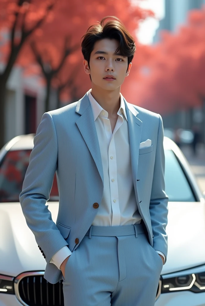 (One wearing a full light blue striped suit、White shirt、tie、About 25 years old、Japanese men with a height of 180 cm)、((Fair and translucent facial skin))(( Facial light is soft and natural))best quality、masterpiece、Ultra-high resolution、(Photo realism:1.4)、original photo、(One wearing a full light blue striped suit outdoors on the street、White shirt、Tie Young Handsome Japanese Man、Standing under the red maple tree、Red and big maple leaves、delicate leaves、branch details)、(There is a white BMW car next to the man、Man's hands on car roof) 、Octane Rendering、8k、Super sharp、realistic light、(There is only one white BMW car on the street、The man's shining eyes look directly in the direction of the camera)、LED、Ultra high quality、High、gentleman、very beautiful hair、bright photos、As handsome as a model、As handsome as an idol,Professional profile photo, Professional portrait photos、Realistic portrait photos, Detailed color portrait, Portrait of an idol, High quality portrait.arafficial asian man in a suit and tie standing in front of a car, wearing a light blue suit, Handsome chad chin, Mr. jia, Inspired by Lee Joong-geun, Handsome man, wearing suit, Xiaorong, suit, in a suit, Roth Tan, blue suit, Handsome, well dressed, wearing fashion suit, steve zheng