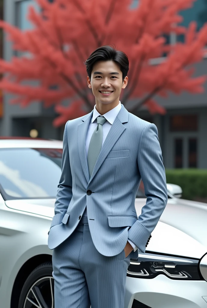 (One wearing a full light blue striped suit、White shirt、tie、About 25 years old、Japanese men with a height of 180 cm)、((Fair and translucent facial skin))(( Facial light is soft and natural))best quality、masterpiece、Ultra-high resolution、(Photo realism:1.4)、original photo、(One wearing a full light blue striped suit outdoors on the street、White shirt、Tie Young Handsome Japanese Man、Standing under the red maple tree、Red and big maple leaves、delicate leaves、branch details)、(There is a white BMW car next to the man、Man's hands on car roof) 、Octane Rendering、8k、Super sharp、realistic light、(There is only one white BMW car on the street、The man's shining eyes look directly in the direction of the camera)、LED、Ultra high quality、High、gentleman、very beautiful hair、bright photos、As handsome as a model、As handsome as an idol,Professional profile photo, Professional portrait photos、Realistic portrait photos, Detailed color portrait, Portrait of an idol, High quality portrait.arafficial asian man in a suit and tie standing in front of a car, wearing a light blue suit, Handsome chad chin, Mr. jia, Inspired by Lee Joong-geun, Handsome man, wearing suit, Xiaorong, suit, in a suit, Roth Tan, blue suit, Handsome, well dressed, wearing fashion suit, steve zheng
