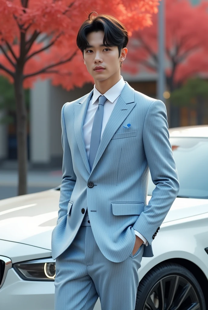 (One wearing a full light blue striped suit、White shirt、tie、About 25 years old、Japanese men with a height of 180 cm)、((Fair and translucent facial skin))(( Facial light is soft and natural))best quality、masterpiece、Ultra-high resolution、(Photo realism:1.4)、original photo、(One wearing a full light blue striped suit outdoors on the street、White shirt、Tie Young Handsome Japanese Man、Standing under the red maple tree、Red and big maple leaves、delicate leaves、branch details)、(There is a white BMW car next to the man、Man&#39;s hands on car roof) 、Octane Rendering、8k、Super sharp、realistic light、(There is only one white BMW car on the street、The man&#39;s shining eyes look directly in the direction of the camera)、LED、Ultra high quality、High、gentleman、very beautiful hair、bright photos、As handsome as a model、As handsome as an idol,Professional profile photo, Professional portrait photos、Realistic portrait photos, Detailed color portrait, Portrait of an idol, High quality portrait.arafficial asian man in a suit and tie standing in front of a car, wearing a light blue suit, Handsome chad chin, Mr. jia, Inspired by Lee Joong-geun, Handsome man, wearing suit, Xiaorong, suit, in a suit, Roth Tan, blue suit, Handsome, well dressed, wearing fashion suit, steve zheng