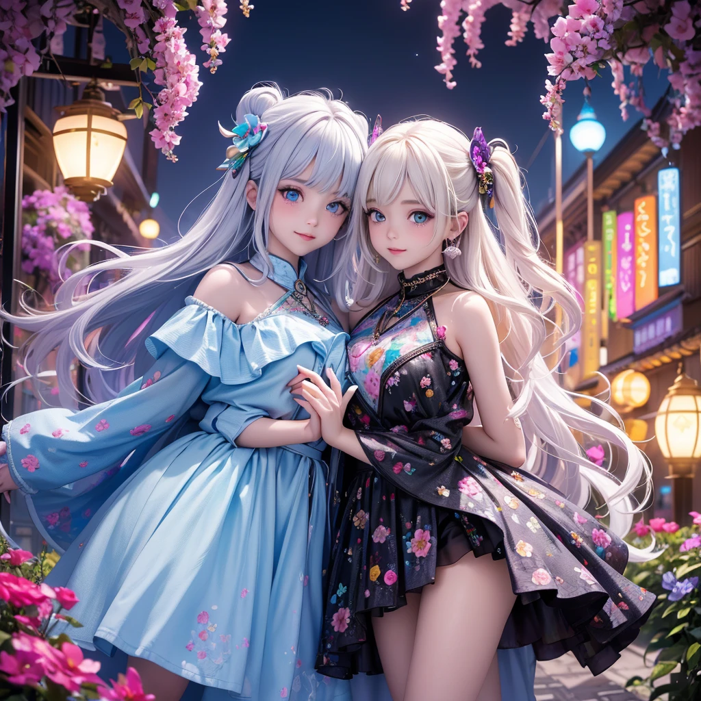 masterpiece, Best quality, 1 girl, (colorful),(finely detailed beautiful eyes and detailed face),cinematic worlding,bust shot,чрезвычайно подробные обои CG Unity 8k,White hair,One,smile,intricate skirt,((flying petal)),(flower meadow) sky, Mainly cloudy_sky, Building, moonworld, moon, night, (dark theme:1.3), world, Fantasy,