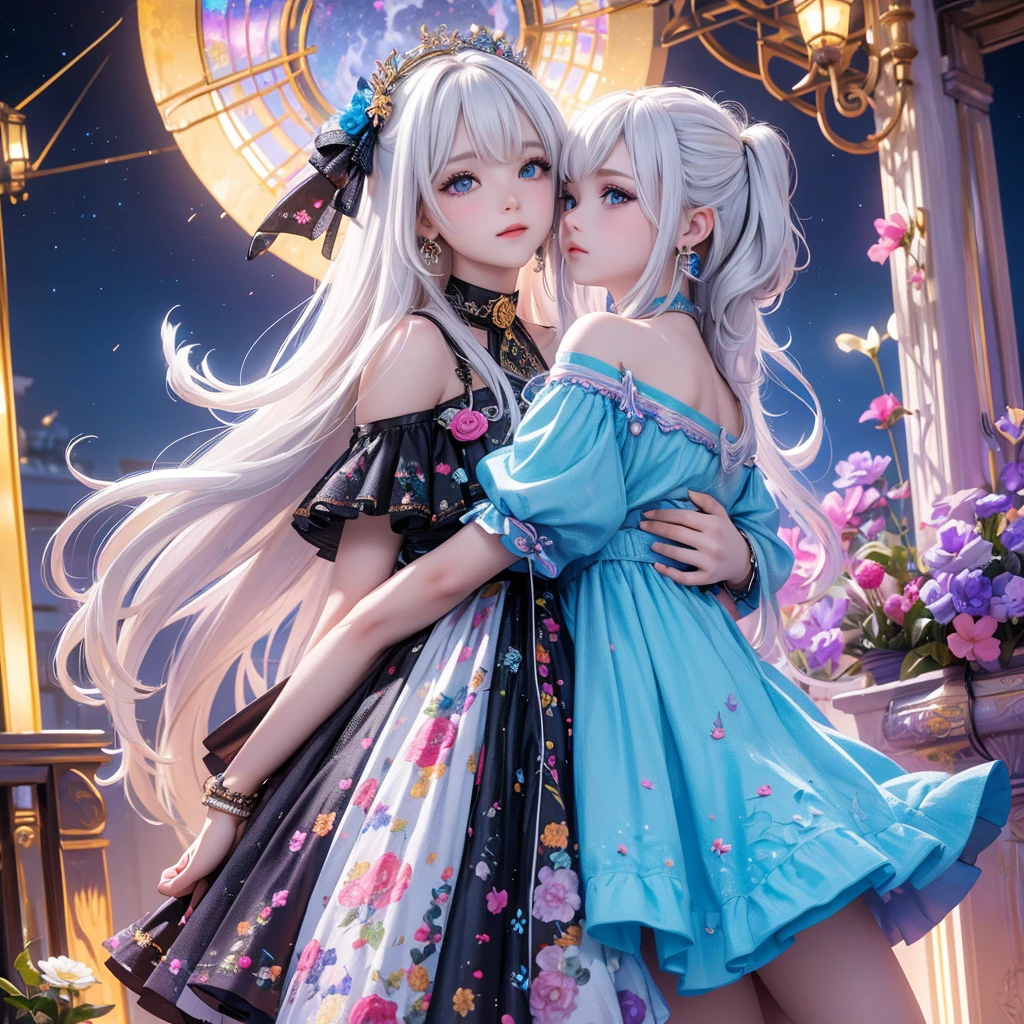 masterpiece, Best quality, 1 girl, (colorful),(finely detailed beautiful eyes and detailed face),cinematic worlding,bust shot,чрезвычайно подробные обои CG Unity 8k,White hair,One,smile,intricate skirt,((flying petal)),(flower meadow) sky, Mainly cloudy_sky, Building, moonworld, moon, night, (dark theme:1.3), world, Fantasy,