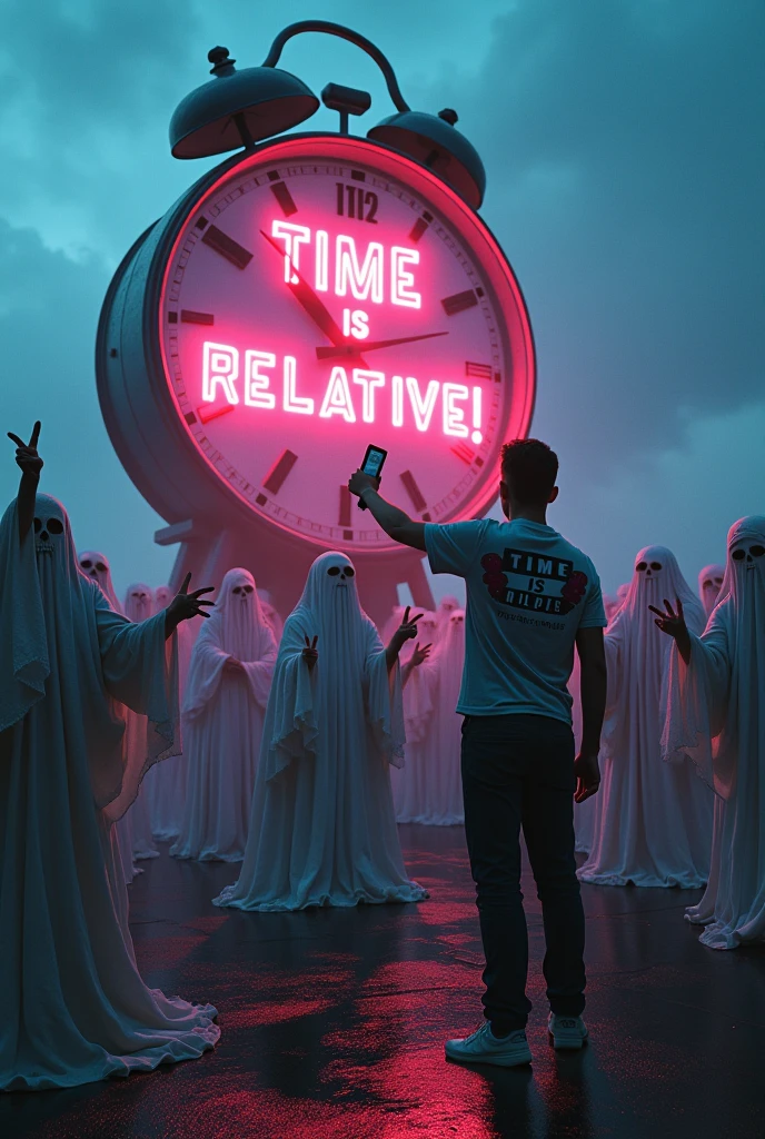 A photograph of a person holding a selfie stick, taking a selfie with their own future self, who is standing next to their own grave, surrounded by a crowd of ghosts from different eras, all of whom are making duck faces and throwing peace signs, while a giant, talking clock in the background is shouting 'TIME IS RELATIVE!' in bold, neon letters. The person in the selfie is wearing a shirt with a picture of themselves taking a selfie, which is also showing the same scene, creating an infinite loop of self-referential madness.