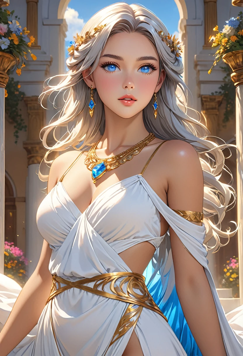 ((best quality)), ((artwork)), ((extremely detailed face)), ((perfect lighting)), ((extremely detailed CG)), ((perfect hands, perfect anatomy)), Sex/Gender= Female
Aliases= Dawnstar, Your Grace, Princess
Age= 20
Pronouns= Her/She
((Hair= Pure White, quite long, abundant))
((Eyes= Jewel Blue))
Features= Lean,curvy, ((lightly tanned skin)) , younger , exceedingly beautiful, delicate features, full lips
Height= 5'5"
Clothing= Long sleeveless white dress greek style, wide gold necklace around her body to the waist.]
