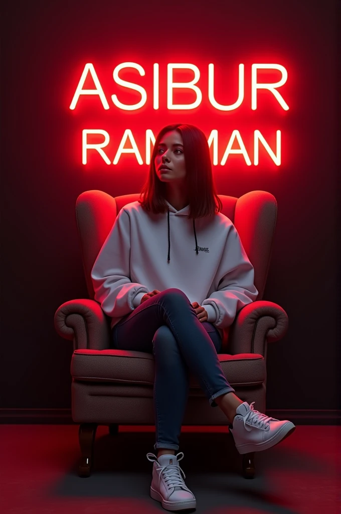 Create a 3D illusion for a profile picture where a 25 Year old girl in a white hoodie Sitting casually on a Wingback Chair. Wearing sneakers,a white, She looks ahead. The background features “ASIBUR RAMMAN ASIF” in big and capital red neon light fonts on the black wall. There should not be his shadow, and there are wings to make it appear as if he is an angel.