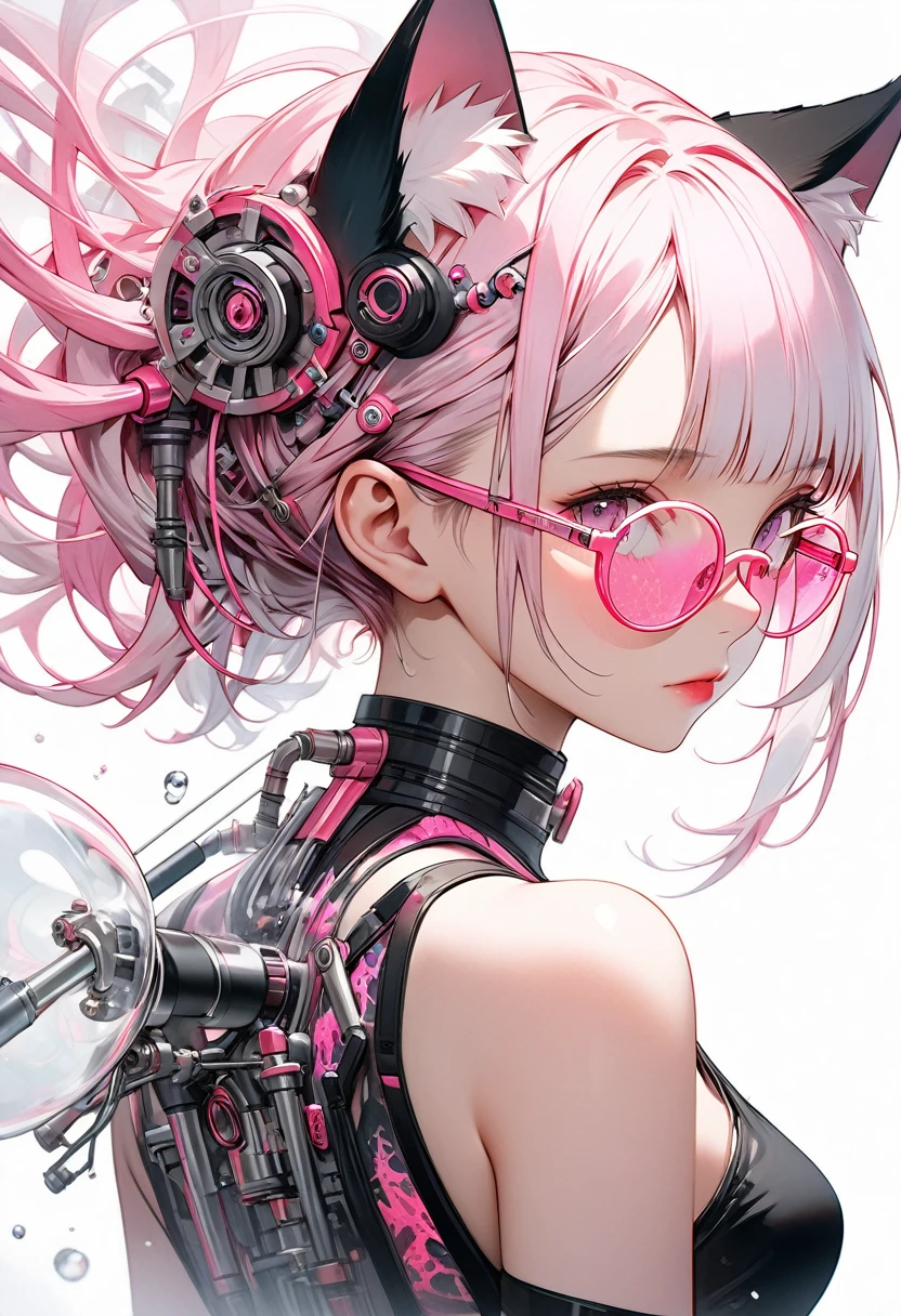 intricate illustration in imaginative and cyberpunk surrealist art style, bust of a translucent White short hair and (black cat ears) ether machine girl from a transparent large culture tank, She wears beautiful, (angular pink glasses:1.2), and has fluffy white fur growing from behind her cat ears.pink and white mechanical body, pink tubes resembling blood vessels connected to neck and back, clear pink culture solution in the tank up to shoulders, tube connected to an external machine, girl with eyes closed looking down,Stylish watercolor pink pattern on white background, brush blur effect,( high quality, high precision, 4k, 8k:1.5), ultra detailed.Physically Based Rendering,Ultra-fine painting,Cinematic lighting, sharp focus, vivid color, professional shooting resolution,Award-winning