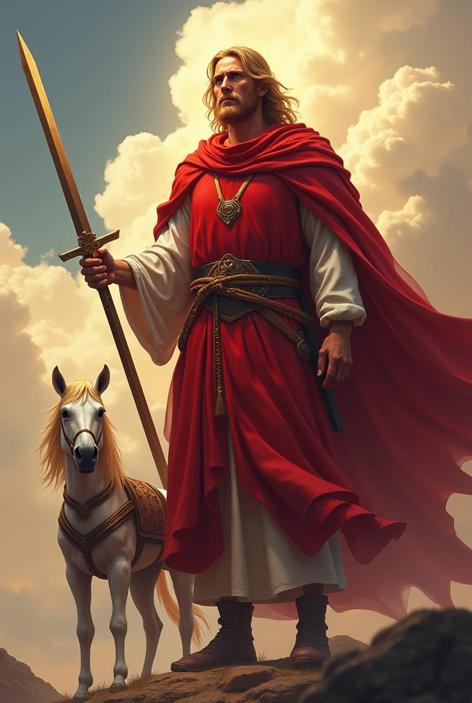 Lord Jesus Christ, blond hair, hairstyle with a middle parting, mushroom cut, short hair, dressed in red with a sharp sword in his hand, looking like a warrior, anger on his face, adult appearance of about 33 years old, standing on the clouds, Whole body, simple sword, with a white horse in war armor at his side, the sword in his hand, fire Eyes, the little horse with war armor, the one they put on little horses when they go to war; not so long hair, little pony too