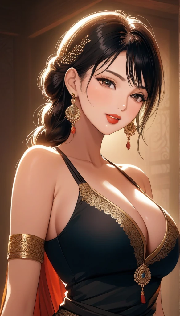 (1woman actress kissing with ugly old man, single hair braid, plunging neckline silk peacock design kurta, black jeans, intricate large heavy rounded jhumka earrings, detailed alluring eyes, smooth detailed lips, beautiful face, smiling, red lipstick, bangles, saggy breasts, photorealistic, 8k, hyperdetailed, vibrant colors, studio lighting, masterpiece, cinematic composition, dramatic lighting, intricate details, highly realistic skin textures, volumetric lighting, beautiful intricate jewelry, warm color palette, natural lighting, elegant pose, beautiful detailed expression, hyper realistic rendering, seamless blending, flawless skin, glowing skin, delicate features, breathtaking realism, striking composition),tall , necklace, bangles ,full body view, cleavage , mehendi, seductive pose,