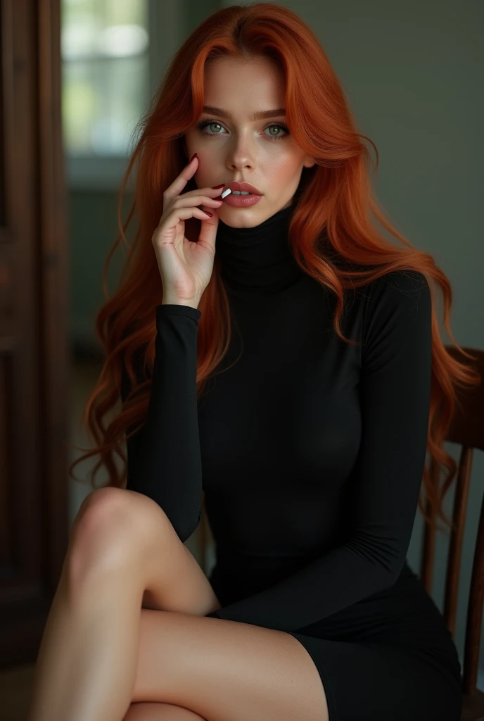 ultra realistic, photography, long red hair, girl, 24 years old, hourglass figure, perfect body, natural medium breasts, Flirty look, extremely detailed artgerm, in the style artgerm, facing the camera, lens 35 mm, blur background, masterpiece, super detailed, detailed face, beautiful eyes, detailed eyeshadow, lip details, red lipstick, full body, wavy hair, Wearing a black sheath dress, turtleneck, revealing legs, sexy legs, great cleavage, she is wearing black elegant high heels, she is a femme fatale, sitting on a chair, her legs crossed, smoking a cigarette,