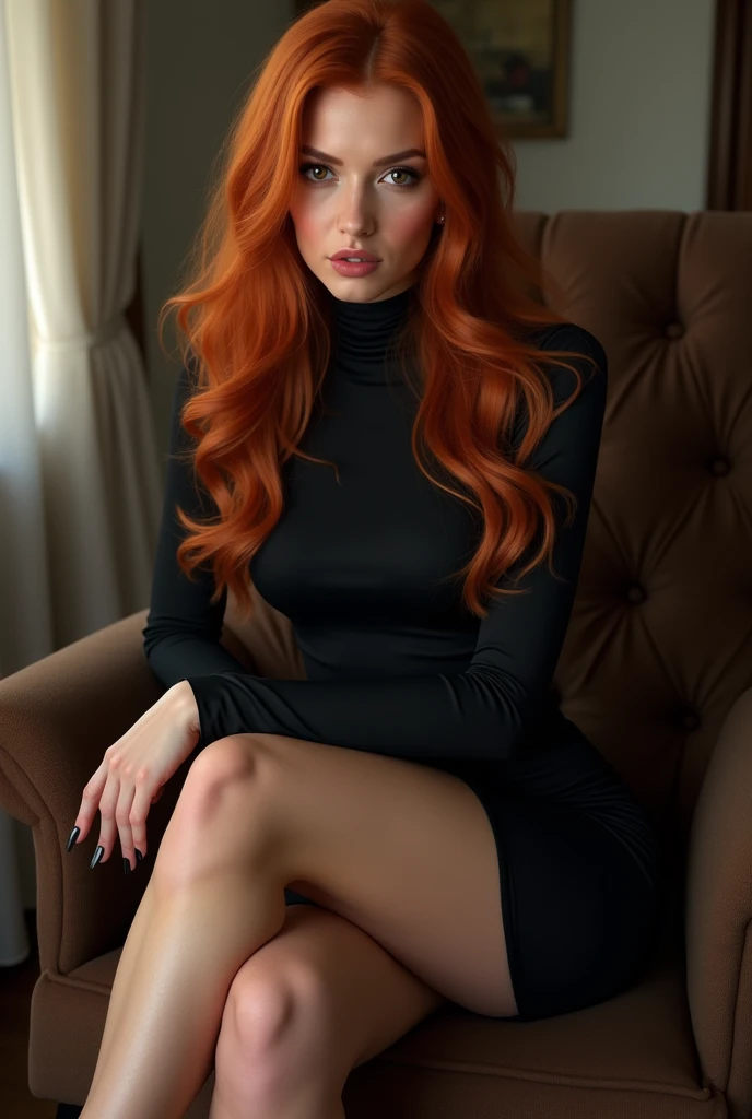 ultra realistic, photography, long red hair, girl, 24 years old, hourglass figure, perfect body, natural medium breasts, Flirty look, extremely detailed artgerm, in the style artgerm, facing the camera, lens 35 mm, blur background, masterpiece, super detailed, detailed face, beautiful eyes, detailed eyeshadow, lip details, red lipstick, full body, wavy hair, Wearing a black sheath dress, turtleneck, revealing legs, sexy legs, great cleavage, she is wearing black elegant high heels, she is a femme fatale, sitting on a chair, her legs crossed, smoking a cigarette,