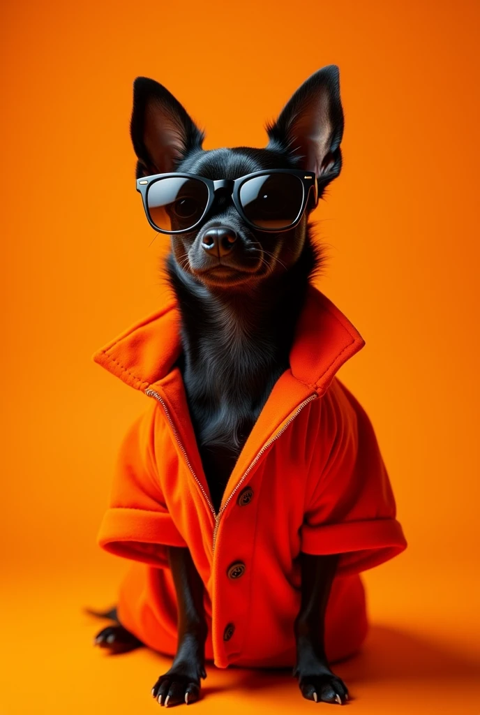 best mobile wallpaper, Award-winning wallpapers, Portrait Photography, On the front、Here's a portrait of a cute black long-coated Chihuahua dressed in mid-1960s space age fashion, Side View Shot, Photographed with Canon EOS R5, Set sharp contrast to make your subject stand out, fluorescent orange, Wearing a very fashionable lounge coat and sunglasses、It's a hip 1960s style., All clothing is monochromatic, Beautiful background