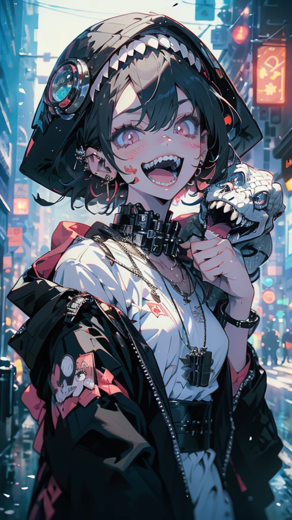 girl, A snake entwined, Black Hair、Iris, Off-the-shoulder kimono, Beautiful Face, Snake Woman、poker face、Black snake pattern、turn around、Black ribbon around the neck、Kimono with snake scale pattern、With the snake、Personal illustrations、short hair, Surrealism, cinematic lighting, UHD, high details, best quality, highres, 8k