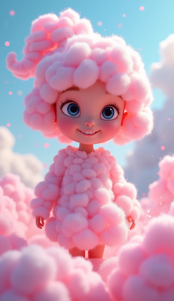 Make me a picture of an animated girl made of cotton candy , pixar, 3d render, 3d max, blender