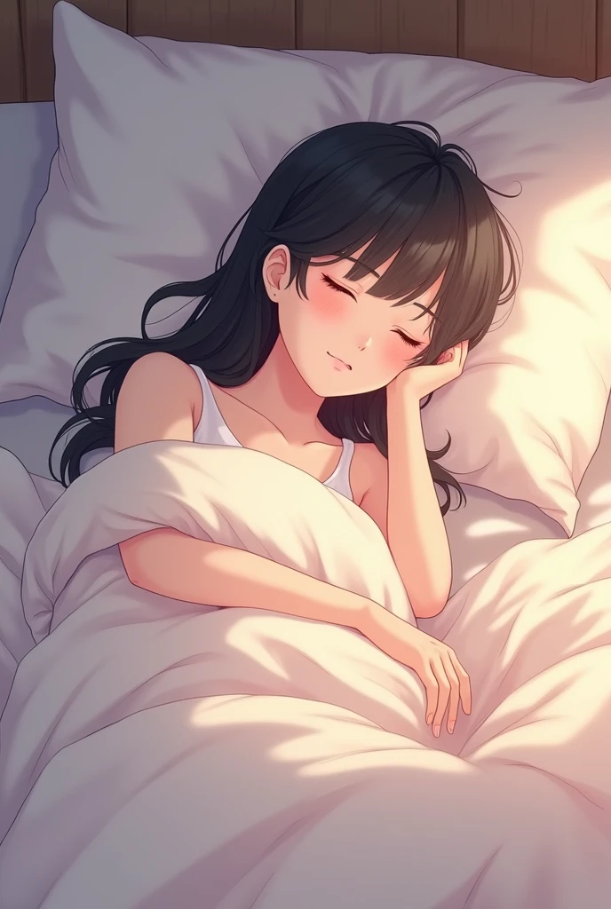 20 year old, woman, sleeping, bed, several sheets on top of her, she sleeps very excessively. Anime