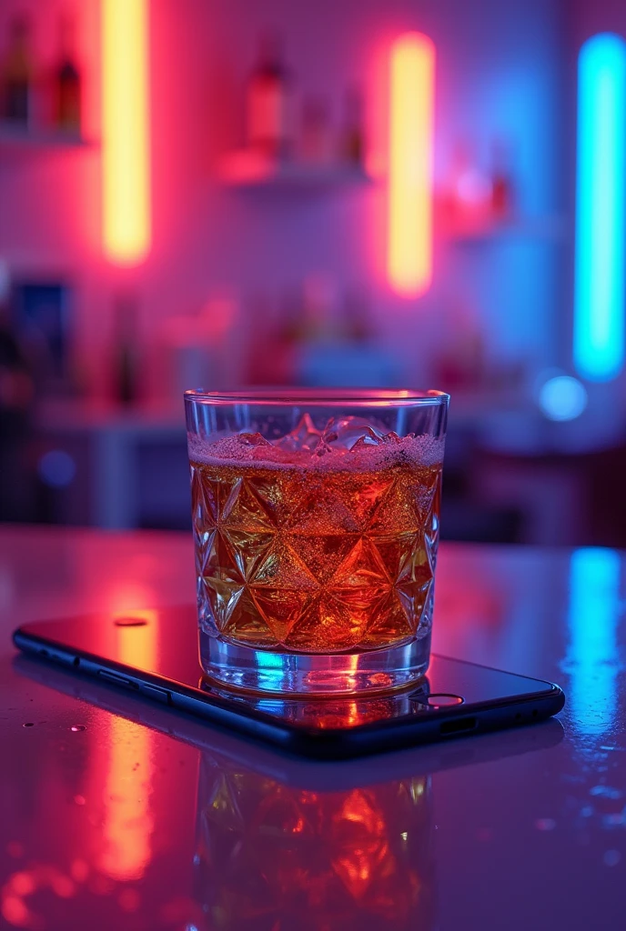 A glass and an iPhone in a neon-lit club