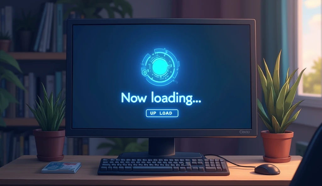 Wide computer monitor,「Now loading...」Character,Loading screen,At the bottom right corner, click「UP LOAD」button, mouse pointer,Anime Style, Shooting from the side