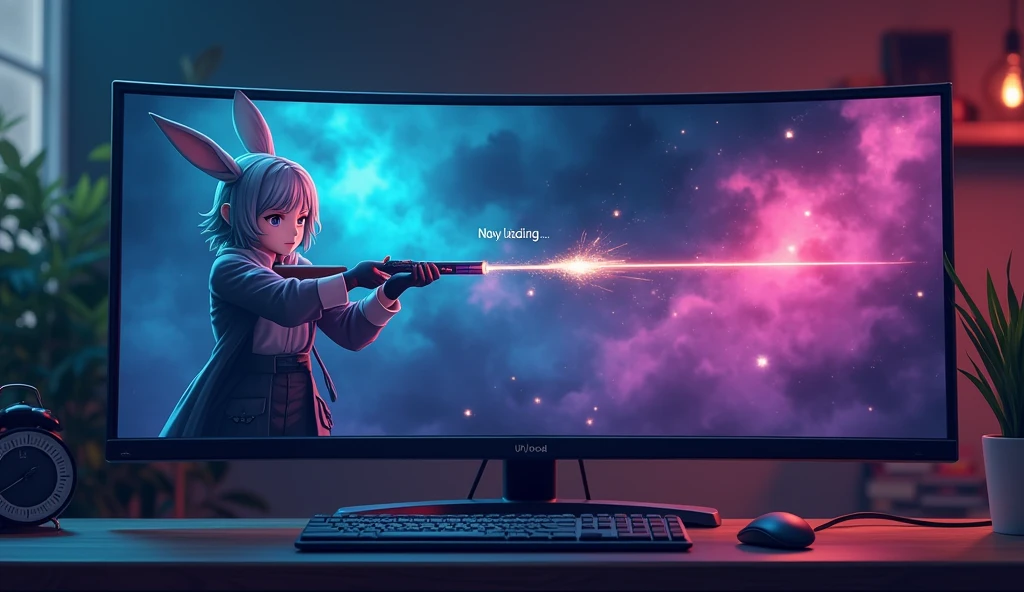Wide computer monitor,「Now loading...」Character,Loading screen,At the bottom right corner, click「UP LOAD」button, mouse pointer,Anime Style, Shooting from the side