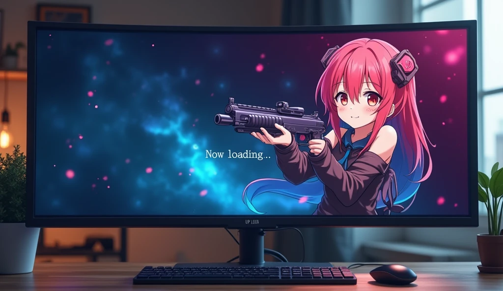 Wide computer monitor,「Now loading...」Character,Loading screen,At the bottom right corner, click「UP LOAD」button, mouse pointer,Anime Style, Shooting from the side