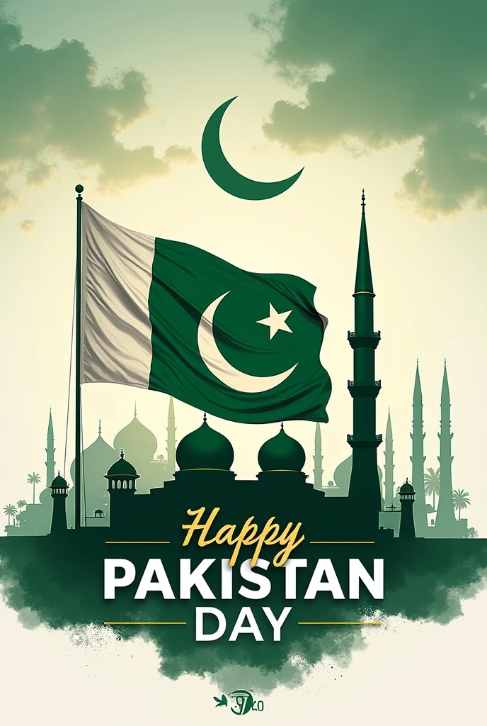 Create a powerful and inspiring poster design for Pakistan's 77th Independence Day on August 14th. The poster should evoke patriotism, unity, and progress. Incorporate the Pakistani flag, iconic landmarks, and symbols of national pride. Use strong typography and a striking color palette. The design should be visually captivating and convey a strong message of hope and optimism for the future of Pakistan