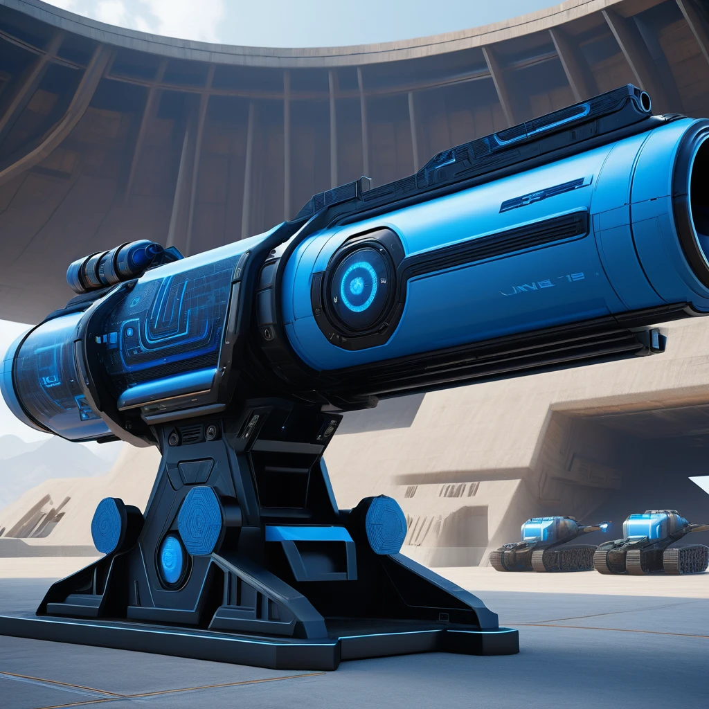 Qin Industry,a Qin Dynasty blue and black futuristic cannon parking inside a military base,alias design,Science fiction products,Streamline pattern,extraterrestrial technology,side view,low angle shot,Unreal Engine 5 render,highly detailed,ultra-high resolutions,32K UHD,sharp focus,best quality,masterpiece,realistic,
