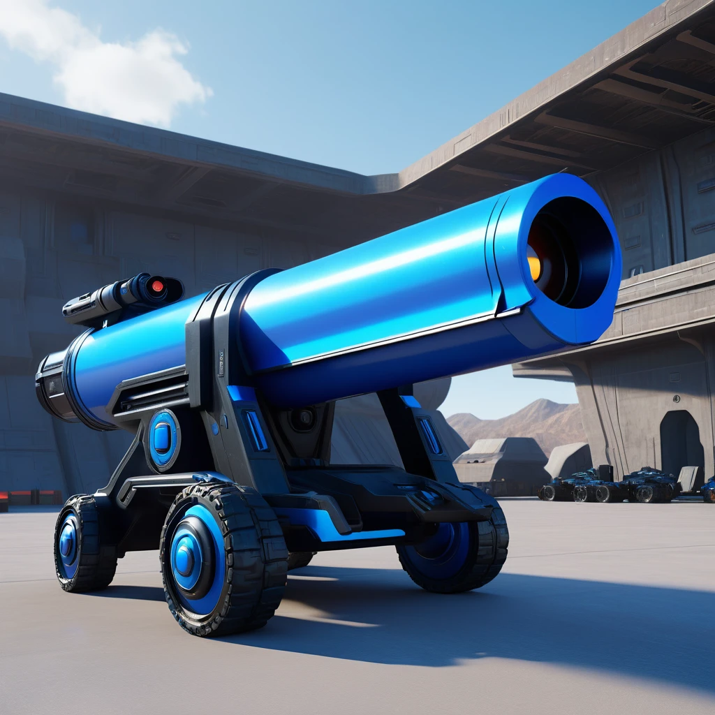 Qin Industry,a Qin Dynasty blue and black futuristic cannon parking inside a military base,alias design,Science fiction products,Streamline pattern,extraterrestrial technology,side view,low angle shot,Unreal Engine 5 render,highly detailed,ultra-high resolutions,32K UHD,sharp focus,best quality,masterpiece,realistic,
