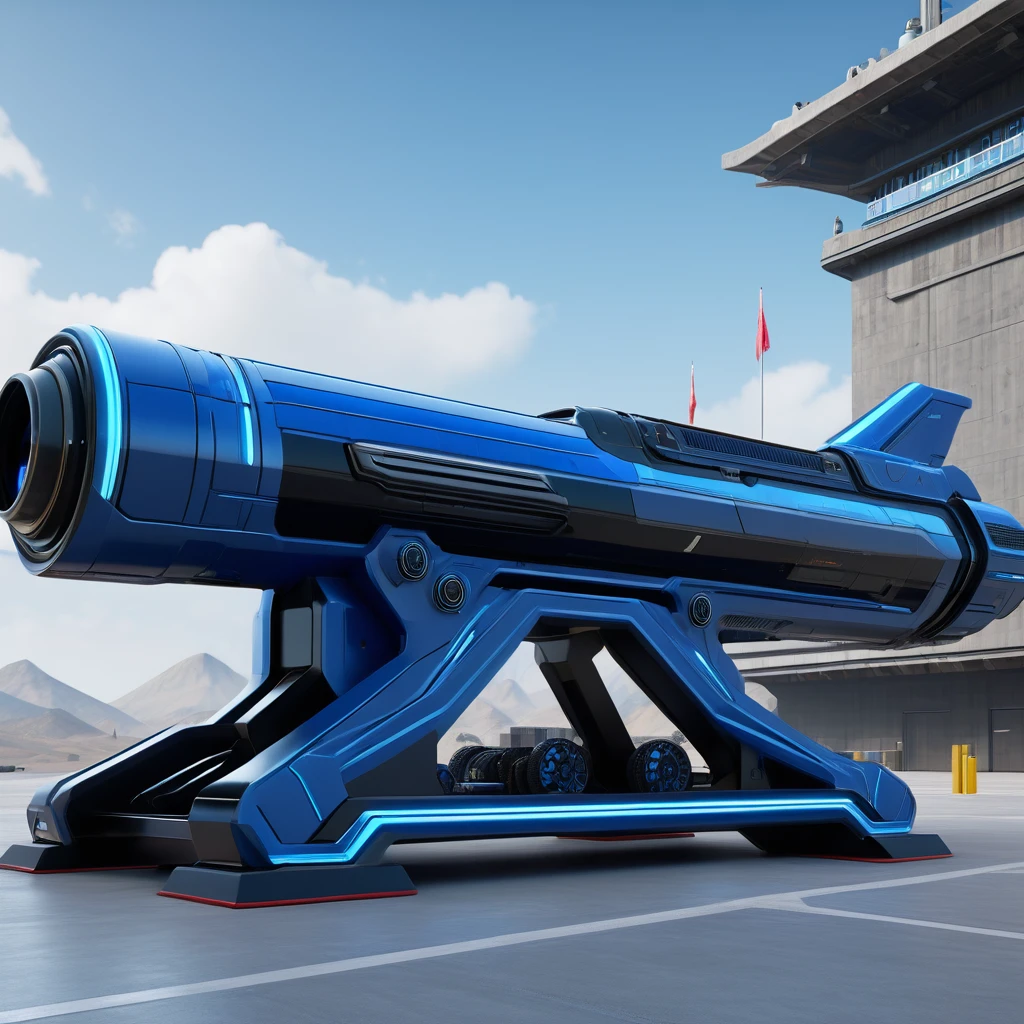 Qin Industry,a Qin Dynasty blue and black futuristic cannon parking inside a military base,alias design,Science fiction products,Streamline pattern,extraterrestrial technology,side view,low angle shot,Unreal Engine 5 render,highly detailed,ultra-high resolutions,32K UHD,sharp focus,best quality,masterpiece,realistic,